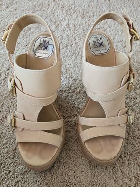 Donald J. Pliner Blush Beige Leather Espadrille Wedge Sandals with Gold Buckles